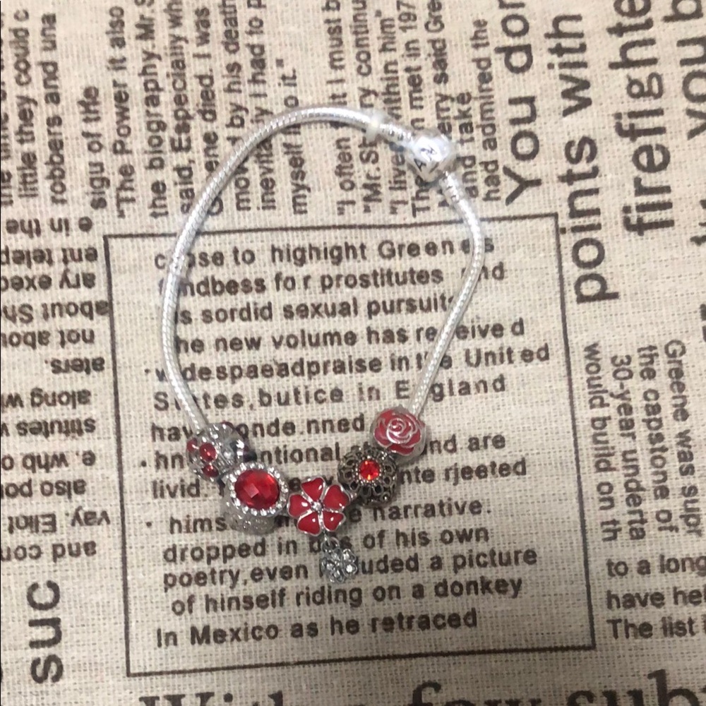 Chic Silver and Red Floral Charm Bracelet